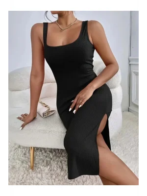 MetuCa Kadın Askılı Kare Yaka Yandan Yırtmaçlı Vücudu Saran Midi Kaşkorse Elbise - Siyah