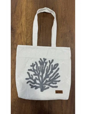 MetuCa Kadın Mercan Nakışlı Havlu Kumaş Geniş Hacimli Yazlık Model Plaj Çantası - Beyaz