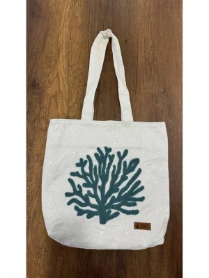 MetuCa Kadın Mercan Nakışlı Havlu Kumaş Geniş Hacimli Yazlık Model Plaj Çantası - Beyaz