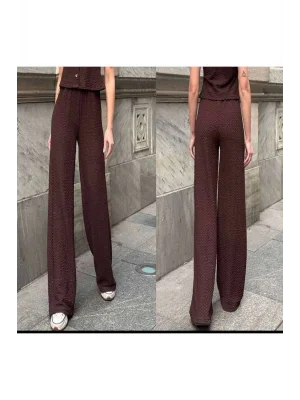 MetuCa Kadın Yüksek Bel Beli Lastikli Gofre Kumaş Bol Paça Pantolon - Kahverengi