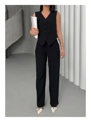 MetuCa Kadın Kolsuz V Yaka Düğmeli Yelek ve Bol Paça Pantolon Müslin Kumaş Takım - Siyah