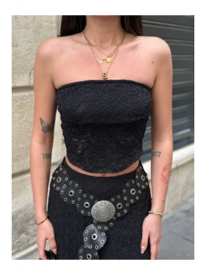 MetuCa Kadın Straplez Güpürlü Korse Detaylı Asimetrik Kesim Dantel Transparan Crop Bluz - Siyah