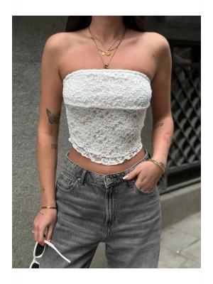 MetuCa Kadın Straplez Güpürlü Korse Detaylı Asimetrik Kesim Dantel Transparan Crop Bluz - Beyaz