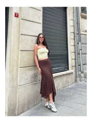 MetuCa Kadın Yüksek Bel Beli Lastikli Asimetrik Kesim Dantelli Midi Boy Etek - Kahverengi