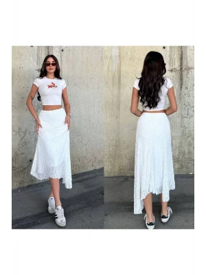MetuCa Kadın Yüksek Bel Beli Lastikli Asimetrik Kesim Dantelli Midi Boy Etek - Beyaz
