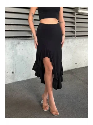 MetuCa Kadın Yüksek Bel Dalgıç Kumaş Yırtmaçlı Fırfırlı Volanlı Asimetrik Etek - Siyah