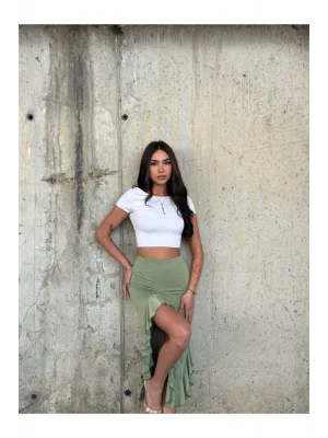 MetuCa Kadın Yüksek Bel Dalgıç Kumaş Yırtmaçlı Fırfırlı Volanlı Asimetrik Etek - Haki