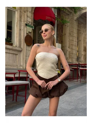 MetuCa Kadın Straplez Asimetrik Kesim Örgü Desenli Triko Crop Büstiyer Top - Ekru