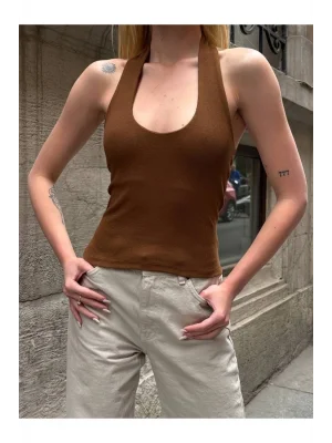 MetuCa Kadın Halter Yaka Boyundan Bağlamalı Sırtı Açık Fitilli Kaşkorse Atlet - Kahverengi