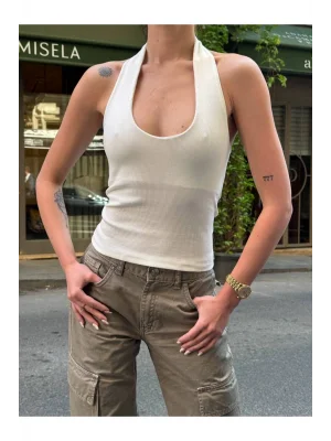 MetuCa Kadın Halter Yaka Boyundan Bağlamalı Sırtı Açık Fitilli Kaşkorse Atlet - Beyaz