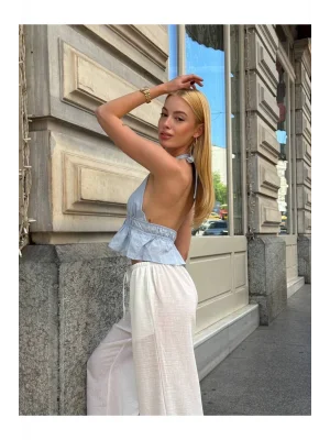 MetuCa Kadın Halter Yaka Boyundan ve Önden Bağlamalı Sırtı Açık Fırfırlı Crop Bluz - Mavi