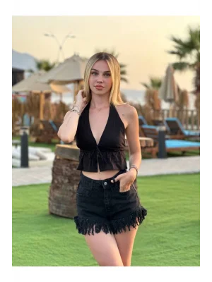 MetuCa Kadın Halter Yaka Boyundan ve Önden Bağlamalı Sırtı Açık Fırfırlı Crop Bluz - Siyah