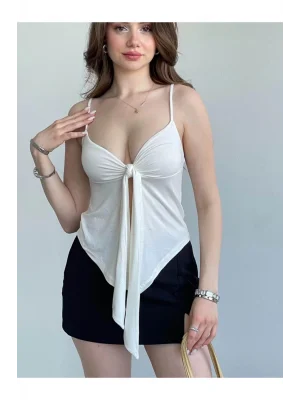 MetuCa Kadın İp Askılı V Yaka Önden Bağlamalı Asimetrik Kesim Bluz Atlet - Beyaz