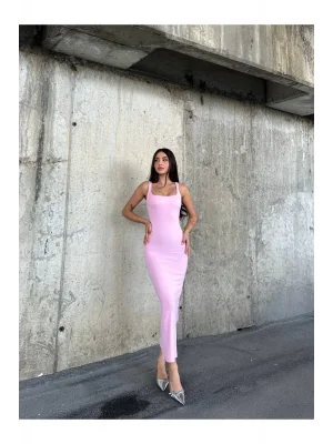 MetuCa Kadın Kare Yaka Kalın Askılı Vücudu Saran Kaşkorse Maxi Boy Elbise - Pembe