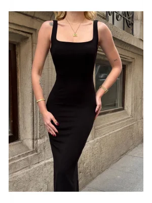 MetuCa Kadın Kare Yaka Kalın Askılı Vücudu Saran Kaşkorse Maxi Boy Elbise - Siyah