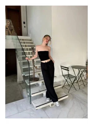 MetuCa Kadın Yüksek Bel Beli Lastikli Cepli Salaş Palazzo Keten Pantolon - Siyah