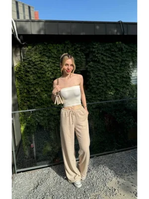 MetuCa Kadın Yüksek Bel Beli Lastikli Cepli Salaş Palazzo Keten Pantolon - Beyaz