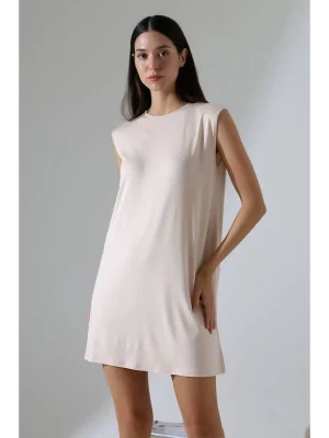 MetuCa Kadın Bisiklet Yaka Vatkalı Kolsuz Oversize Penye T-shirt Tunik Elbise - Krem