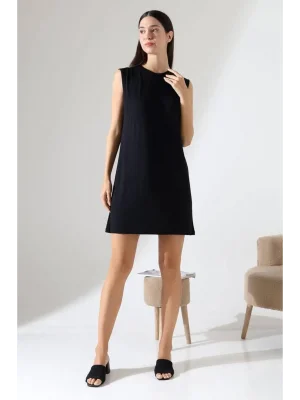 MetuCa Kadın Bisiklet Yaka Vatkalı Kolsuz Oversize Penye T-shirt Tunik Elbise - Siyah