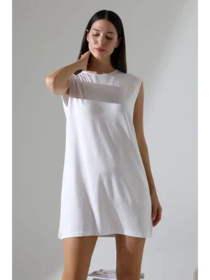 MetuCa Kadın Bisiklet Yaka Vatkalı Kolsuz Oversize Penye T-shirt Tunik Elbise - Beyaz