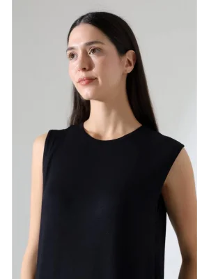 MetuCa Kadın Bisiklet Yaka Vatkalı Kolsuz Oversize Penye T-shirt Tunik Elbise - Siyah