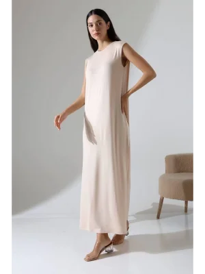 MetuCa Kadın Bisiklet Yaka Vatkalı Kolsuz Oversize Salaş Kesim Maxi Boy Penye Elbise - Bej