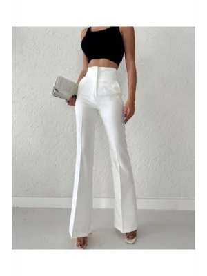 MetuCa Kadın Yüksek Bel Toparlayıcı Atlas Kumaş Vücudu Saran İspanyol Paça Pantolon - Beyaz