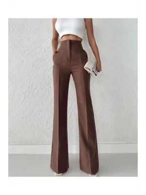 MetuCa Kadın Yüksek Bel Toparlayıcı Atlas Kumaş İspanyol Paça Pantolon - Kahverengi