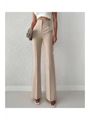 MetuCa Kadın Yüksek Bel Toparlayıcı Atlas Kumaş Vücudu Saran İspanyol Paça Pantolon - Bej