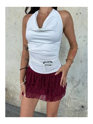 MetuCa Kadın Degaje Yaka Boyundan Bağlamalı Sırtı Açık Yanı Tokalı Vücudu Saran Bluz - Beyaz