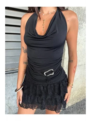 MetuCa Kadın Degaje Yaka Boyundan Bağlamalı Sırtı Açık Yanı Tokalı Vücudu Saran Bluz - Siyah