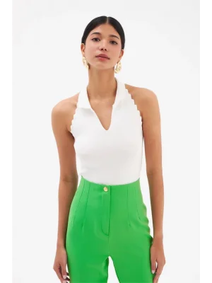 MetuCa Kadın Polo Yaka Halter Yaka Kenarları Tırtıklı Sırtı Açık Triko Bluz - Yeşil
