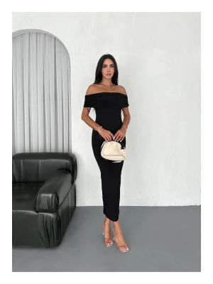 MetuCa Kadın Madonna Yaka Büzgülü Düşük Omuz Vücudu Saran Sandy Kumaş Maxi Boy Elbise - Siyah