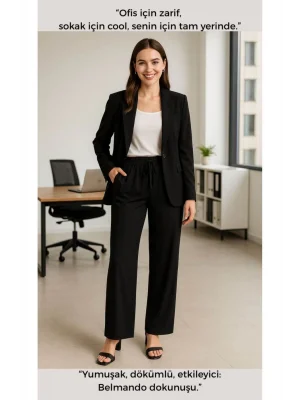MetuCa Kadın Yüksek Bel Beli Lastikli ve Bağcıklı Cepli Palazzo Kumaş Pantolon - Siyah