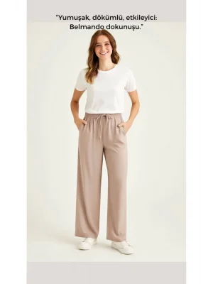 MetuCa Kadın Yüksek Bel Beli Lastikli ve Bağcıklı Cepli Palazzo Kumaş Pantolon - Bej