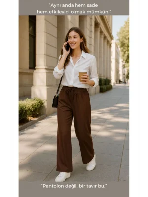 MetuCa Kadın Yüksek Bel Beli Lastikli ve Bağcıklı Cepli Palazzo Kumaş Pantolon - Kahverengi