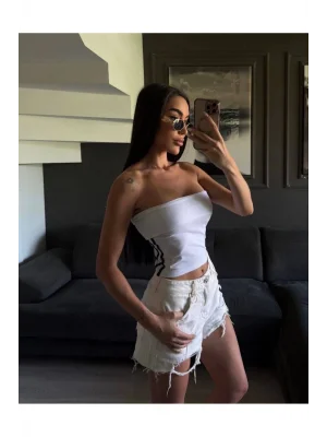 MetuCa Kadın Straplez Yanı Şeritli Vücudu Saran Kaşkorse Crop Büstiyer Top - Beyaz