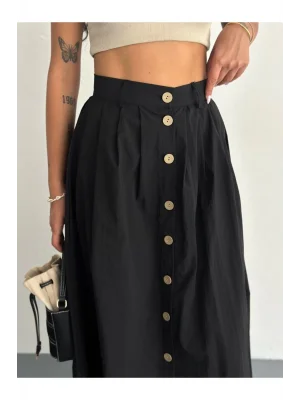 MetuCa Kadın Yüksek Bel Cepli Önden Düğmeli Pileli Cepli Poplin Midi Boy Etek - Siyah