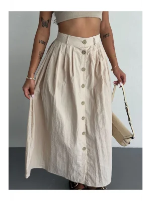 MetuCa Kadın Yüksek Bel Cepli Önden Düğmeli Pileli Cepli Poplin Midi Boy Etek - Bej