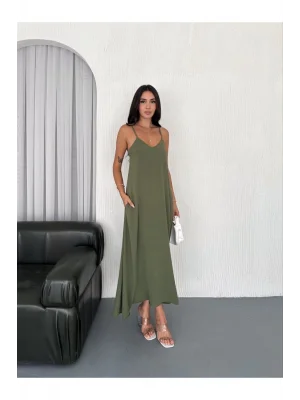 MetuCa Kadın V Yaka İp Askılı Cepli Salaş Kesim Ayrobin Kumaş Maxi Boy Elbise - Haki
