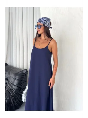 MetuCa Kadın V Yaka İp Askılı Cepli Salaş Ayrobin Kumaş Maxi Boy Elbise - Lacivert