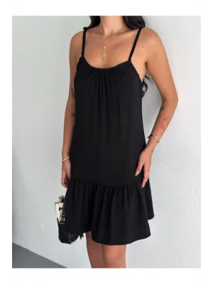 MetuCa Kadın Omuzdan Bağlamalı Askılı Göğsü Büzgülü Eteği Fırfırlı Salaş Mini Elbise - Siyah