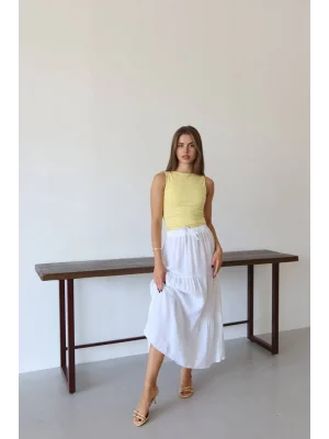 MetuCa Kadın Yüksek Bel Beli Lastikli ve Bağcıklı Kat Kat Astarlı Poplin Uzun Etek - Beyaz