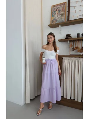 MetuCa Kadın Yüksek Bel Beli Lastikli ve Bağcıklı Kat Kat Astarlı Poplin Uzun Etek - Lila