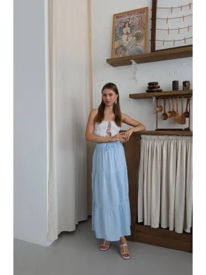 MetuCa Kadın Yüksek Bel Beli Lastikli ve Bağcıklı Kat Kat Astarlı Poplin Uzun Etek - Mavi