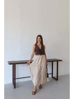 MetuCa Kadın Yüksek Bel Beli Lastikli ve Bağcıklı Kat Kat Astarlı Poplin Uzun Etek - Bej
