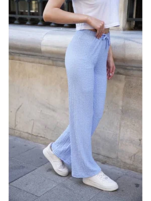 MetuCa Kadın Yüksek Bel Beli Bağcıklı Cepli Gofre Kumaş Palazzo Pantolon - Bebek Mavisi