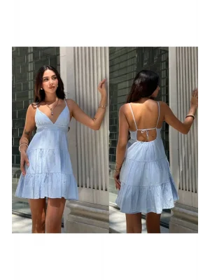 MetuCa Kadın V Yaka İp Askılı Sırtı Bağlamalı Beli Lastikli Kat Kat Mini Elbise - Bebek Mavisi