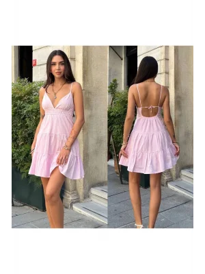 MetuCa Kadın V Yaka İp Askılı Sırtı Bağlamalı Beli Lastikli Kat Kat Mini Elbise - Pembe