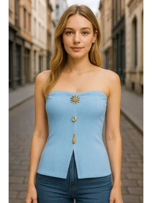 MetuCa Kadın Straplez Önü Düğme Detaylı Yırtmaçlı Vücudu Saran Fitilli Kaşkorse Bluz - Mavi